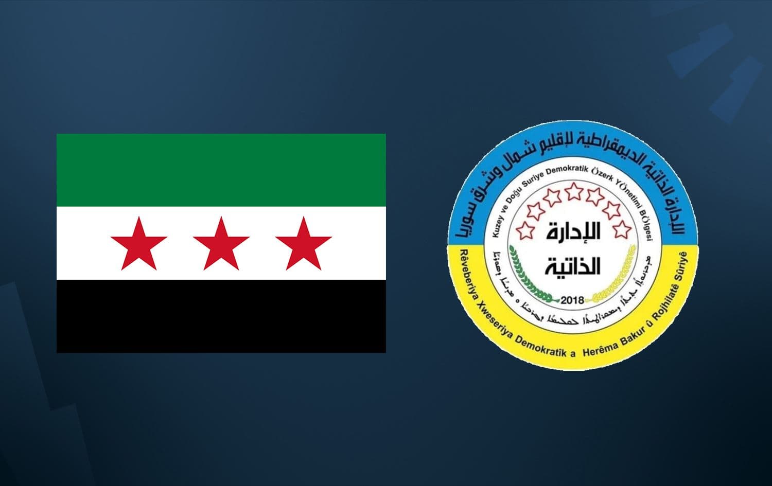 Alaya Sûriyeyê û logoya Rêveberiya Xweser / Wêne: Rûdaw Grafîk