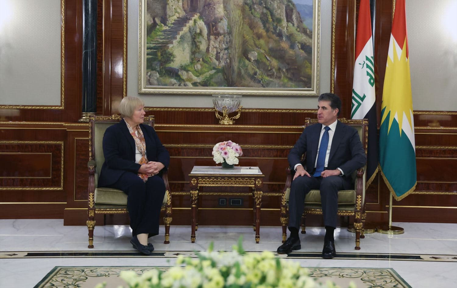 Kurdistan Region President Nechirvan Barzani meets with German Ambassador to Iraq Christiane Hohmann in Erbil on April 15, 2025.Photo: Kurdistan Region Presidency