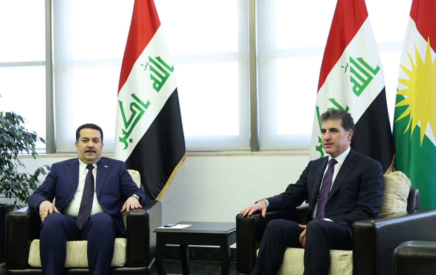Iraqi Prime Minister Mohammed Shia al-Sudani (left) meets with Kurdistan Region President Nechirvan Barzani (right) on April 16, 2025 in Sulaimani. Photo: Kurdistan Region Presidency 
