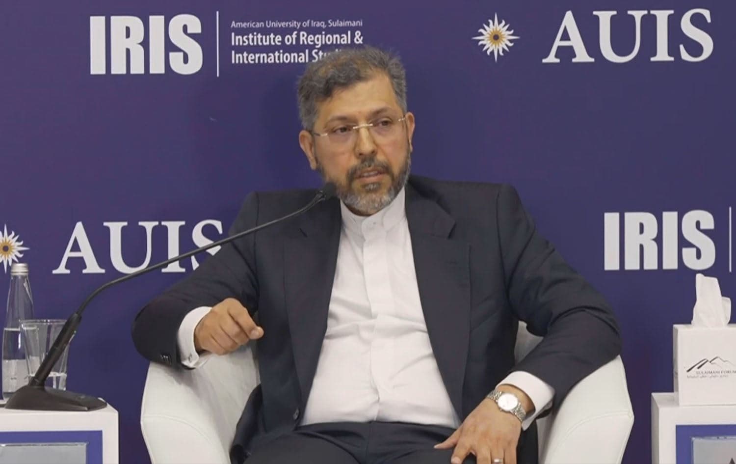 Iranian Deputy Foreign Minister Saeed Khatibzadeh speaking during a panel discussion at the Sulaimani Forum on April 16, 2025. Photo: screengrab/Rudaw