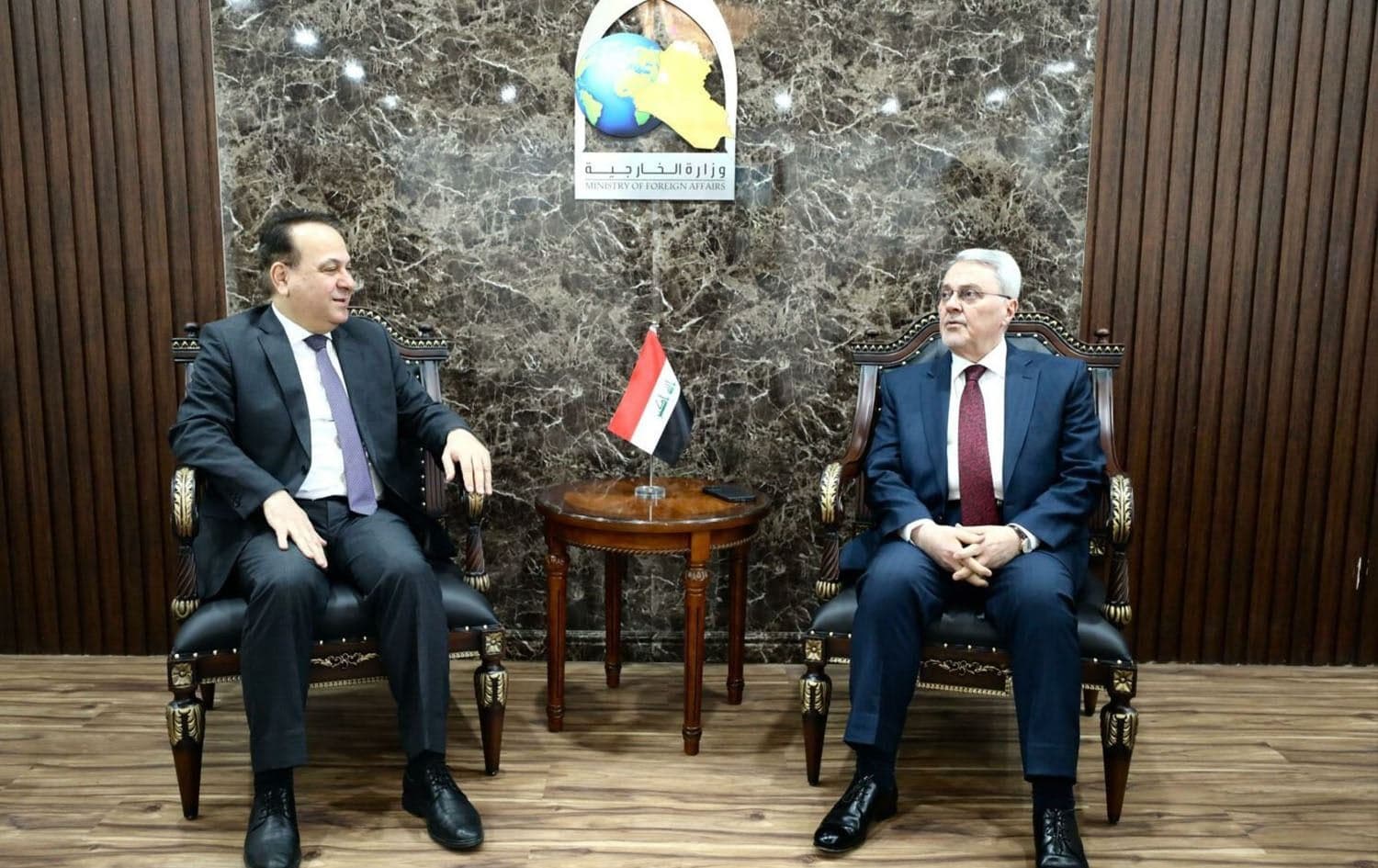 Iraqi foreign ministry undersecretary for bilateral relations, Mohammed Bahr al-Uloom (right), and the Lebanese Ambassador to Baghdad, Ali Habhab (left), at the Iraqi foreign ministry in Baghdad on April 16, 2025. Photo: Iraqi state media