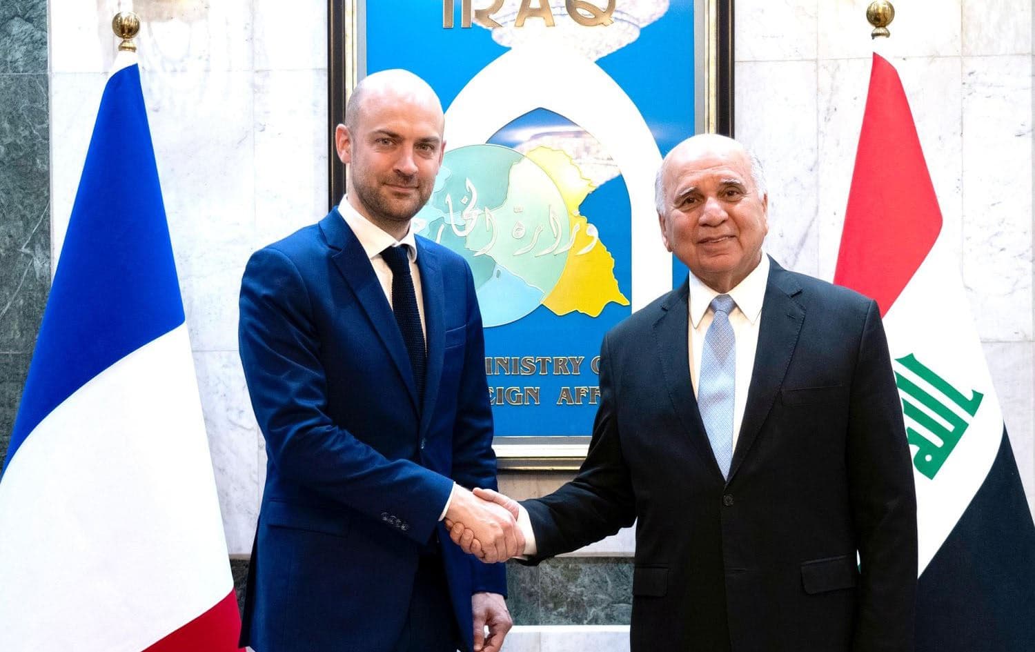 French Foreign Minister Jean-Noel Barrot (left) meets Iraqi Foreign Minister Fuad Hussein (right) in Baghdad on April 23, 2025. Photo: Fuad Hussein/X
