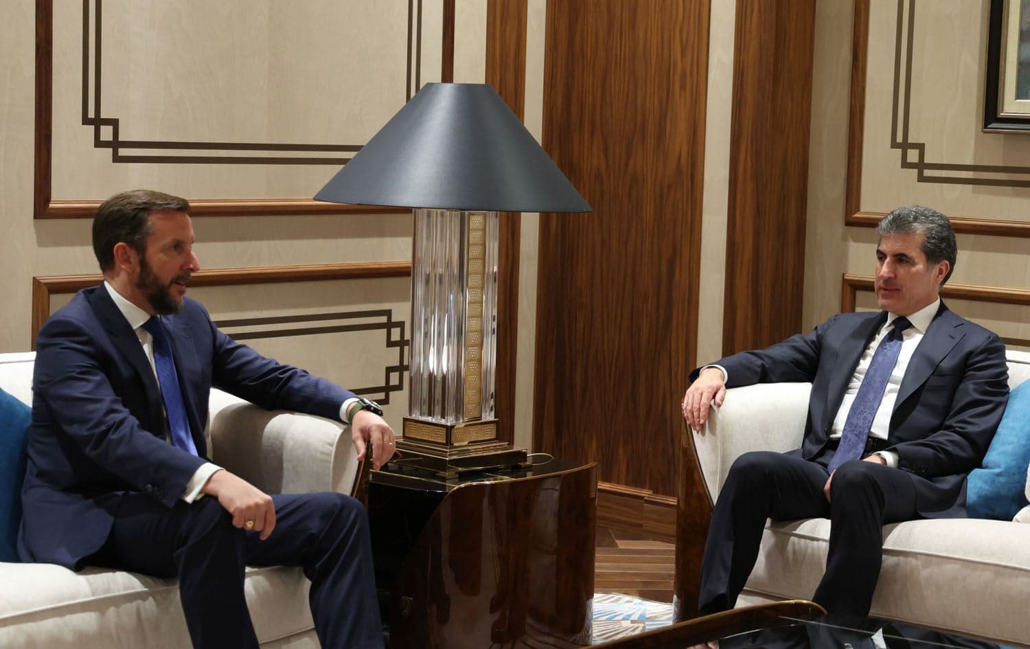 Italian Ambassador to Iraq Niccolo Fontana (left) meets Kurdistan Region President Nechirvan Barzani in Erbil on April 24, 2025. Photo: Kurdistan Region Presidency