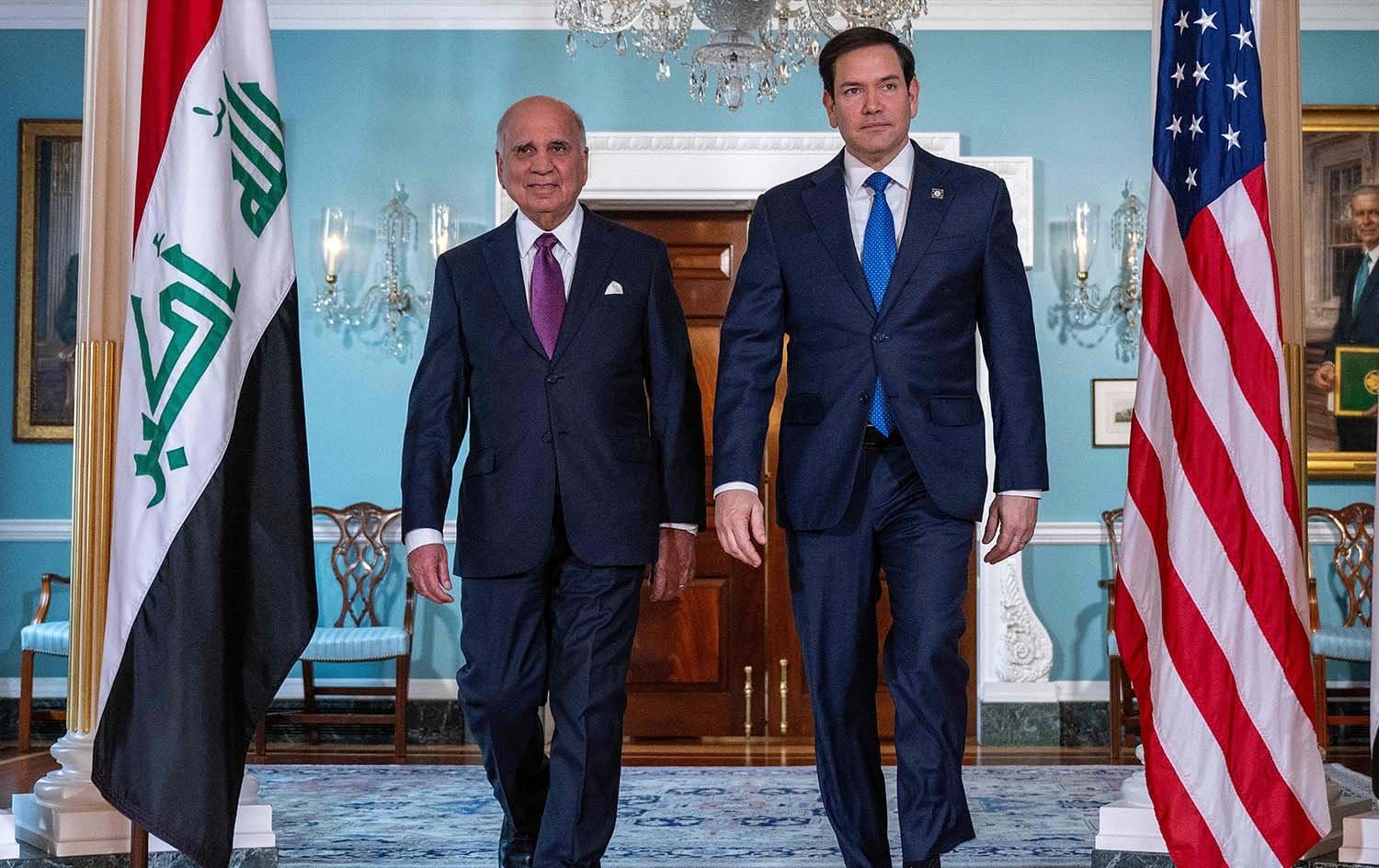 فوئاد حوسێن، وەزیری دەرەوەی عێراق و مارکۆ روبیۆ، وەزیری دەرەوەی ئەمریکا. وێنە: AFP