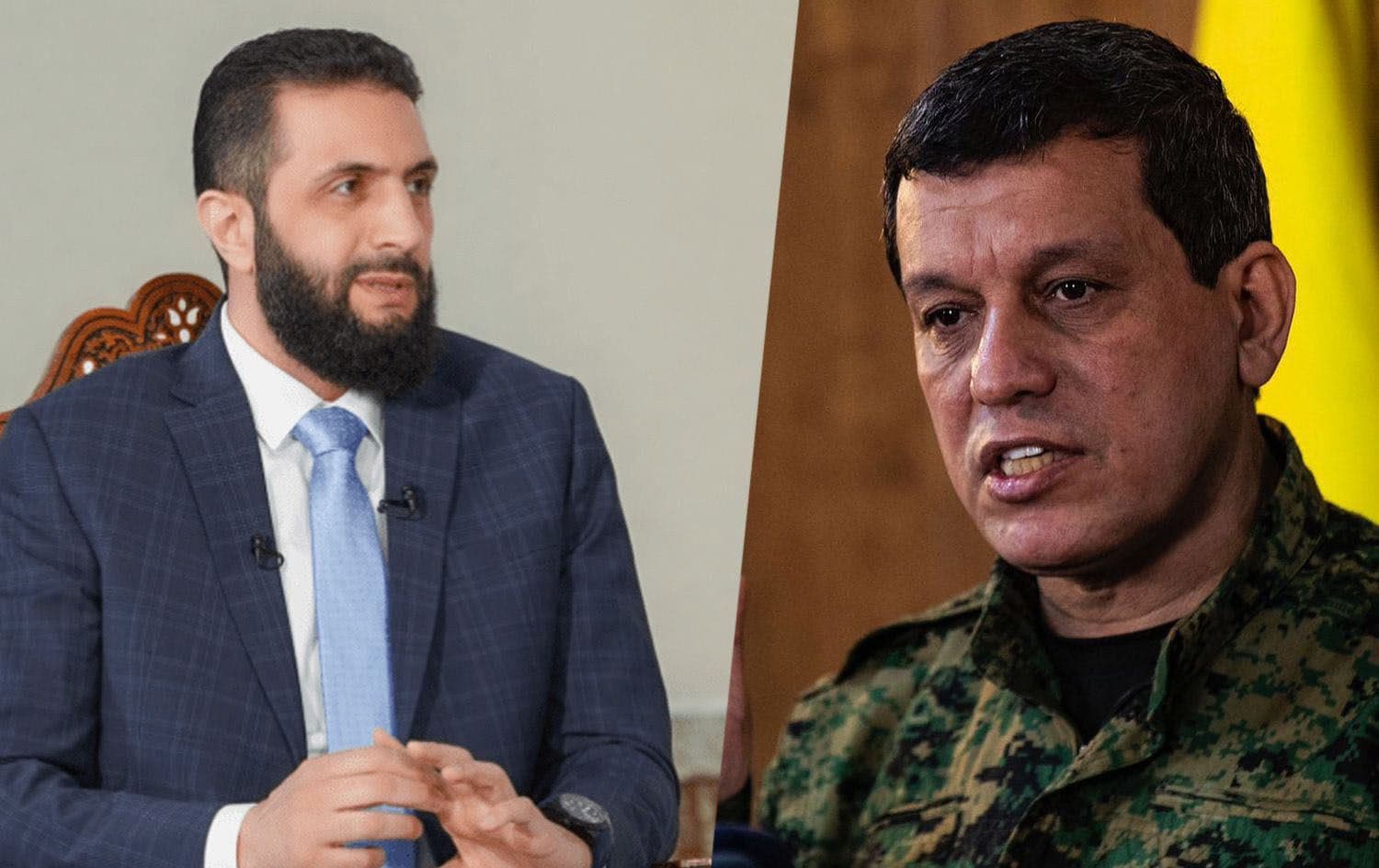 Syria's interim president Ahmed al-Sharaa (left), Syrian Democratic Forces (SDF) chief Mazloum Abdi (right). Graphic: Rudaw 