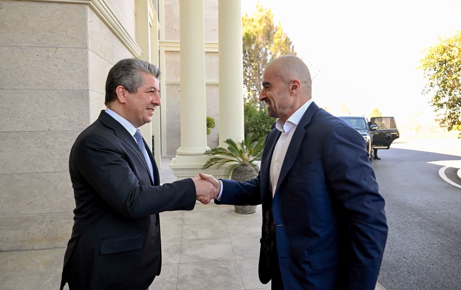 Kurdistan Region Prime Minister Masrour Barzani (left) and Patriotic Union of Kurdistan (PUK) leader Bafel Talabani (right) meeting in Erbil's Pirmam district on March 16, 2025. Photo: Rudaw