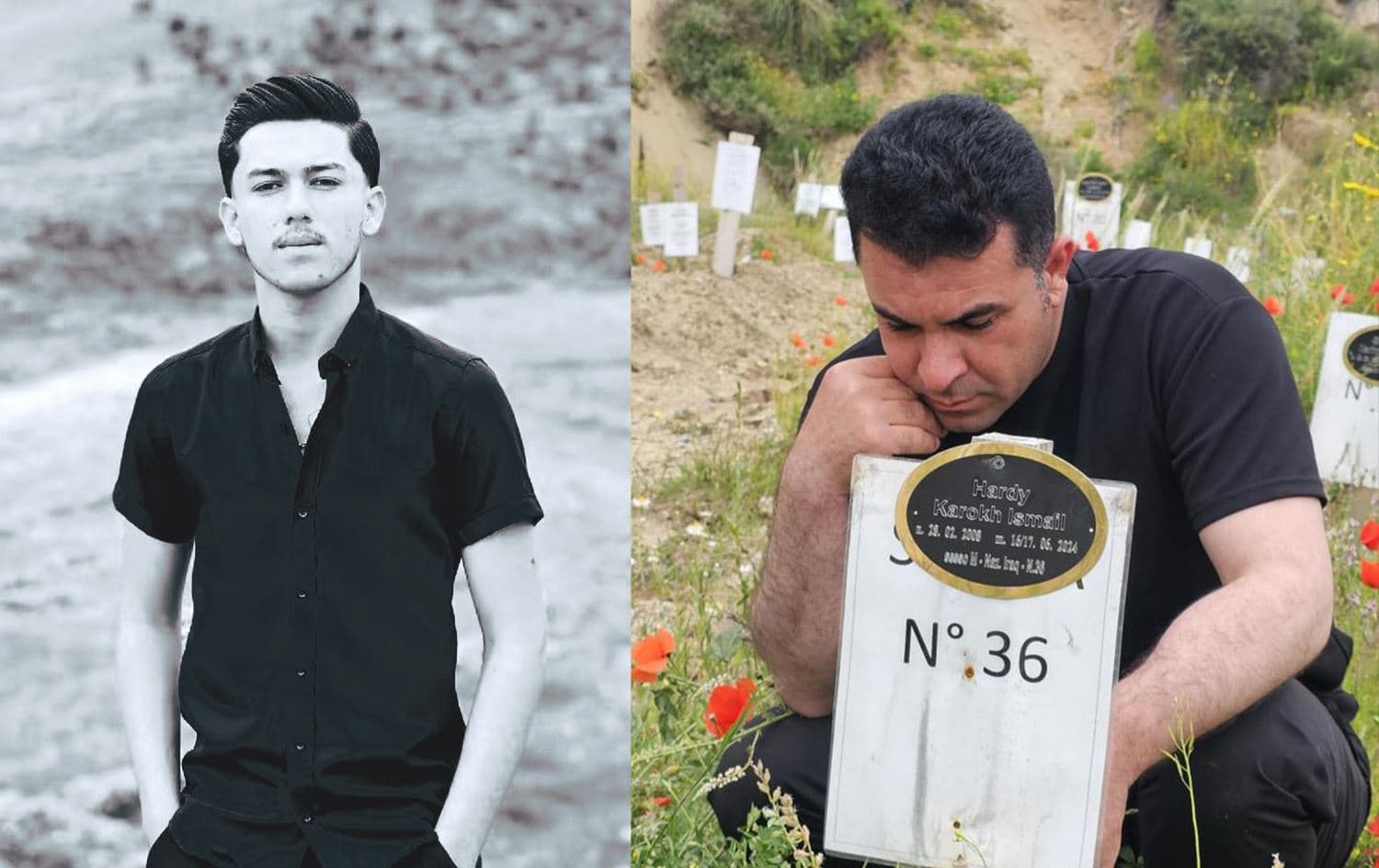 Karokh Ismail, the father (right), sits next to the grave of his deceased son Hardi Karokh (left), who died in a shipwreck near Italy, on April 26, 2025. Photo: Submitted