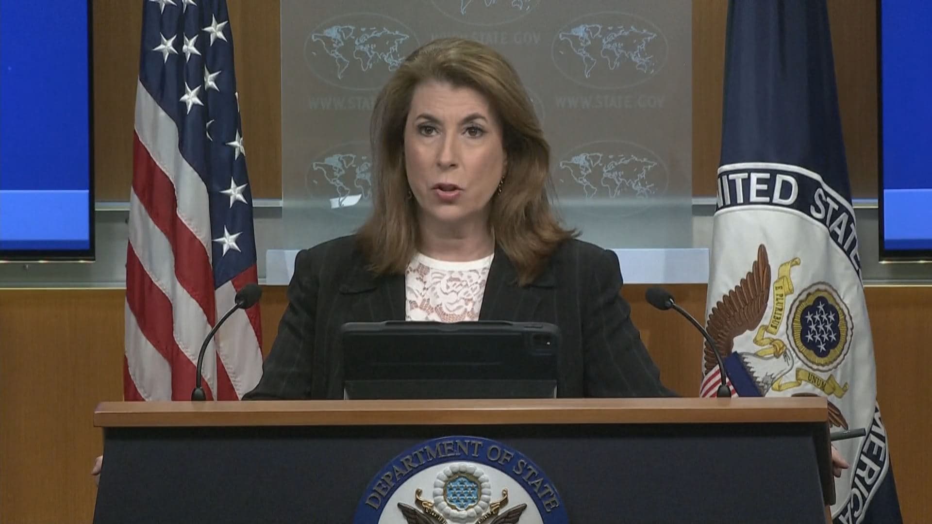 US State Department spokesperson Tammy Bruce speaking to reporters during a press briefing in Washington on May 6, 2025. Photo: Screengrab/AP