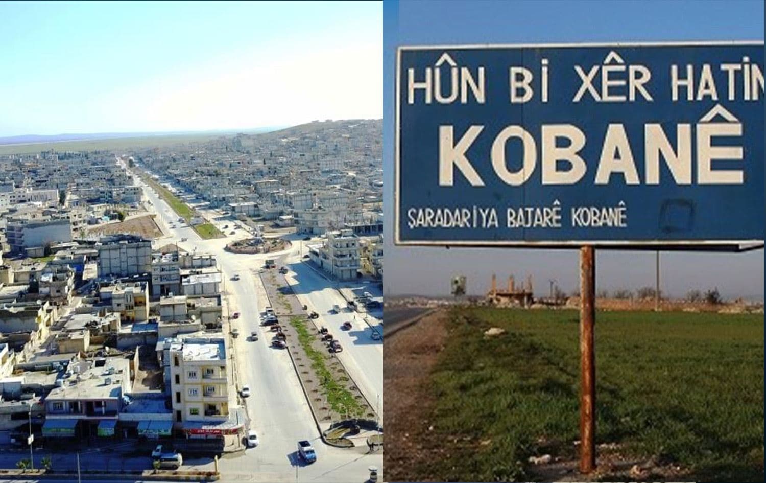 An aerial view of Kobane (left) and a welcome billboard in the entrance of Kobane (right). Graphic: Rudaw 