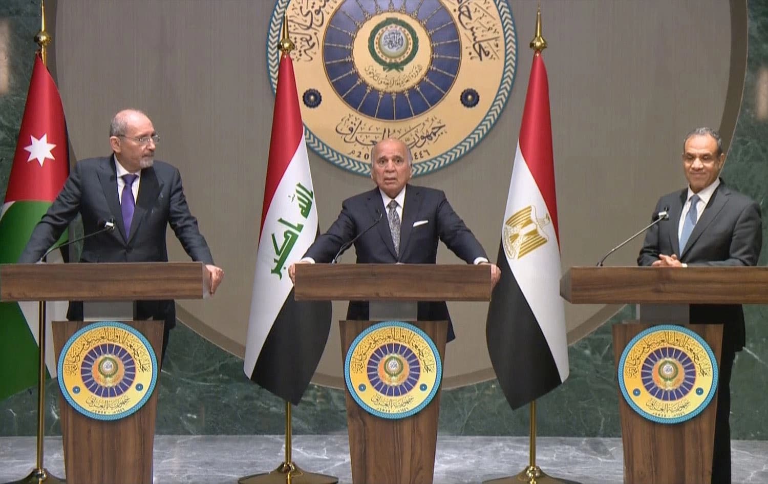 From left: Jordanian Foreign Minister Ayman al-Safadi, Iraqi Foreign Minister Fuad Hussein, and Egyptian Foreign Minister Badr Abdelatty speaking at a joint presser in Baghdad on May 14, 2025. Photo: Rudaw
