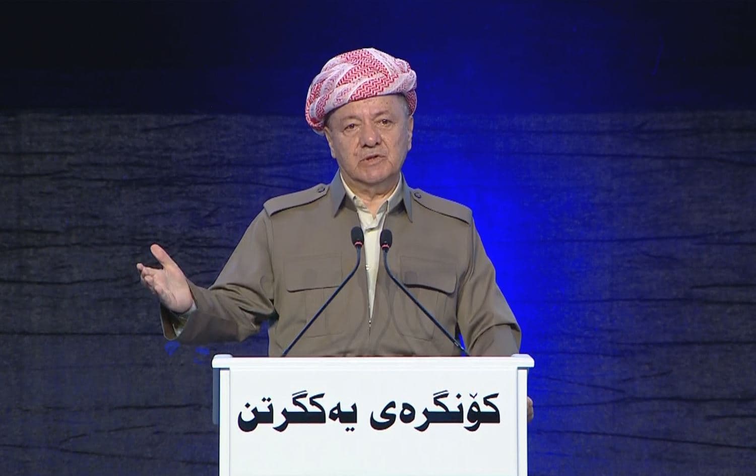 Kurdistan Democratic Party (KDP) leader Masoud Barzani speaking at a party gathering in Erbil on May 15, 2025. Photo: Barzani's office
