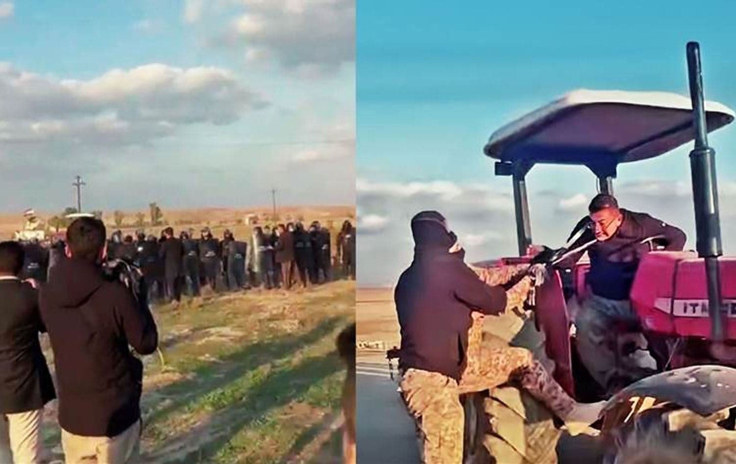 Iraqi army personnel pull a Kurdish farmer off his tractor by his scarf in Sargaran, Kirkuk, as a crowd gathers in Shanagha village on February 17, 2025. Photo: submitted