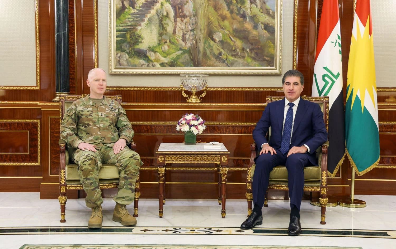 Kurdistan Region President Nechirvan Barzani (right) meets Kevin Leahy, commander of the US-led global coalition against the Islamic State (ISIS) (right) in Erbil on May 21, 2025. Photo: Kurdistan Region Presidency 