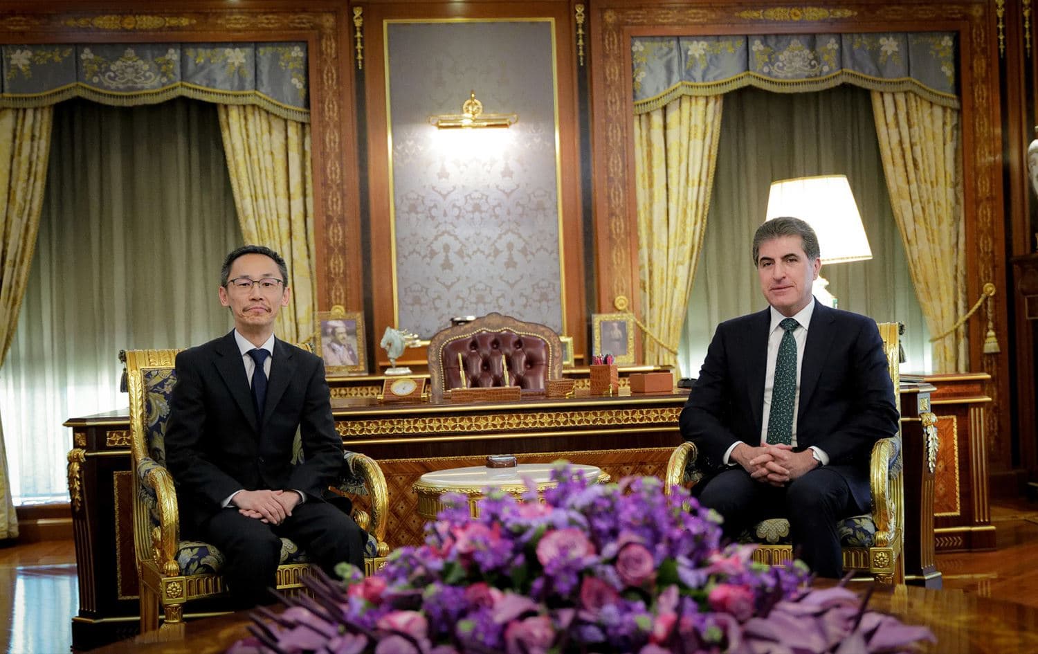 Kurdistan Region President Nechirvan Barzani (right) receiving Hitoshi Ishizuka, the new head of Japan’s consular office in Erbil (left), on May 25, 2025. Photo: Kurdistan Region Presidency 