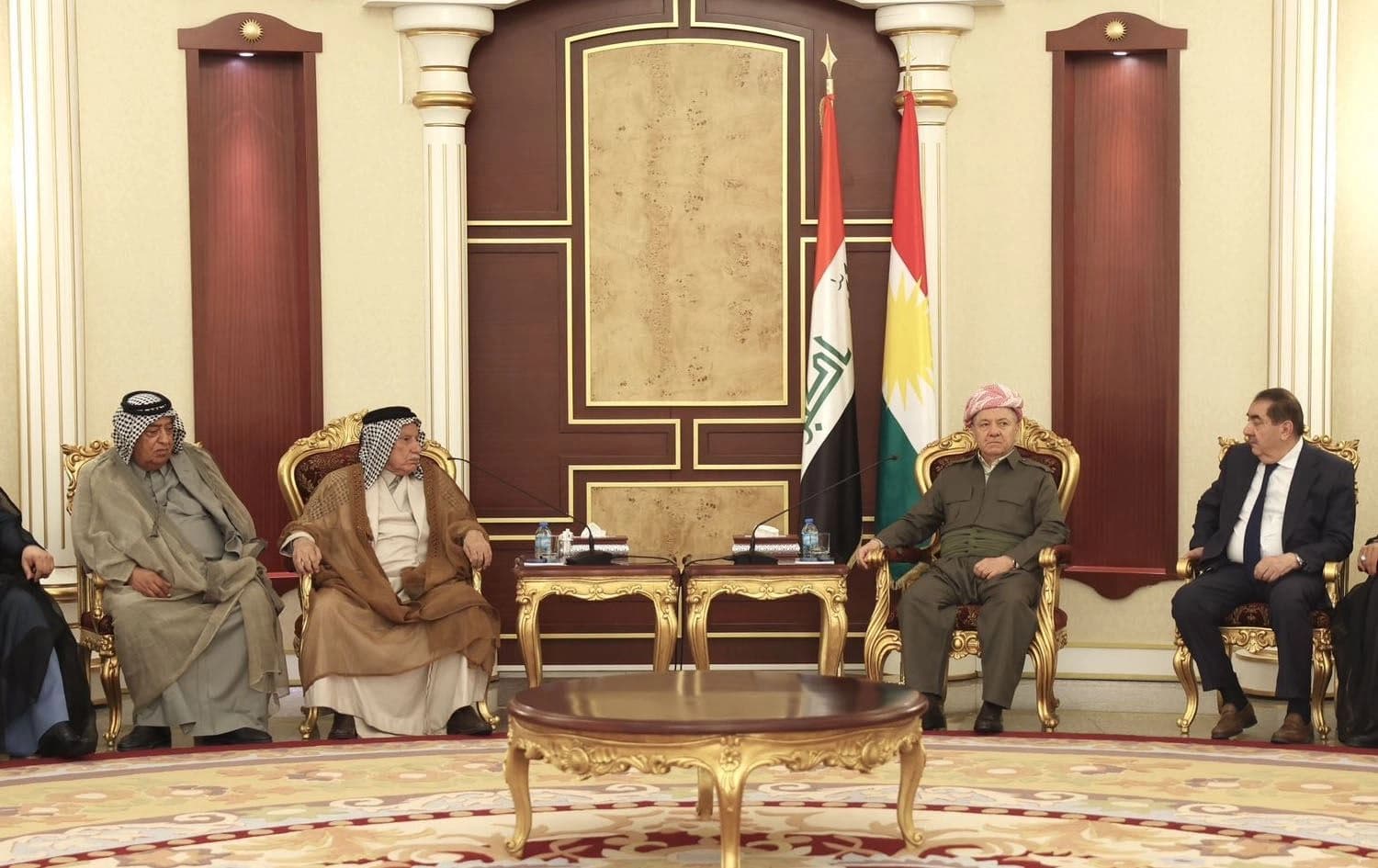 Kurdistan Democratic Party (KDP) leader Masoud Barzani meets Iraqi tribe leaders and dignitaries in Erbil's Pirmam on May 25, 2025. Photo: Barzani Headquarters 