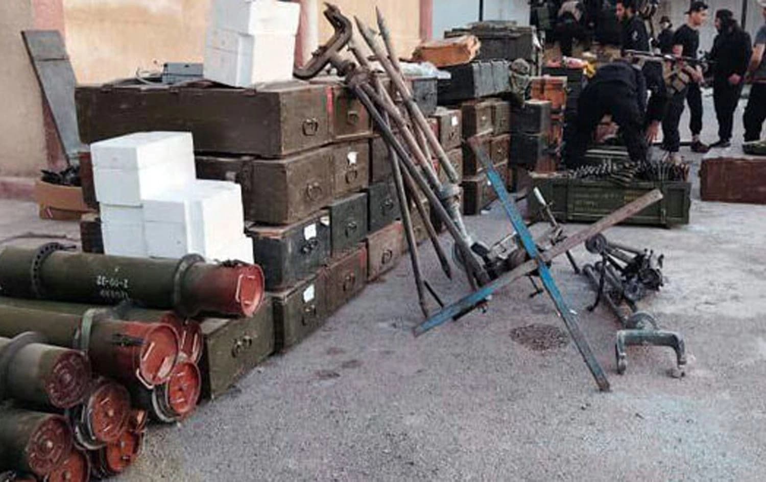 A stash of weapons and ammunition seized by Syrian forces from an ISIS cell during a raid near Damascus on May 25, 2025. Photo: SANA