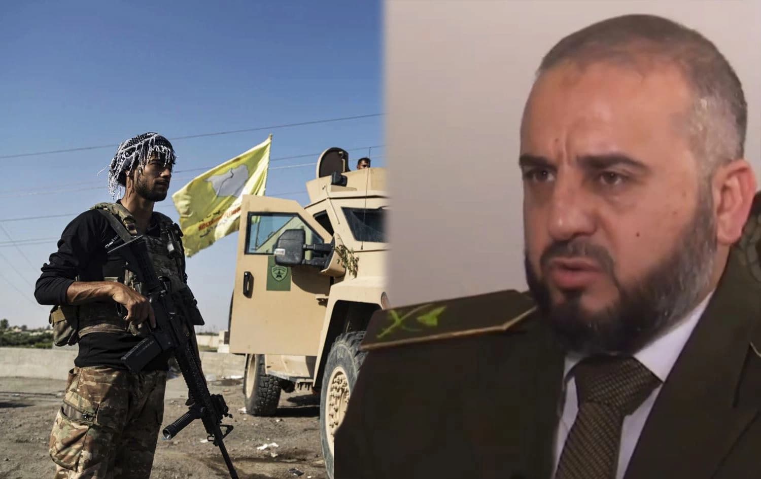 Syrian Defense Minister Murhaf Abu Qasra in an interview with the state-run al-Ikhbariya channel on May 26, 2025 (right). Photo: al-Ikhbariya/screengrab. An SDF fighter in Deir ez-Zor, eastern Syria in September 2023 (left). Photo: AFP 