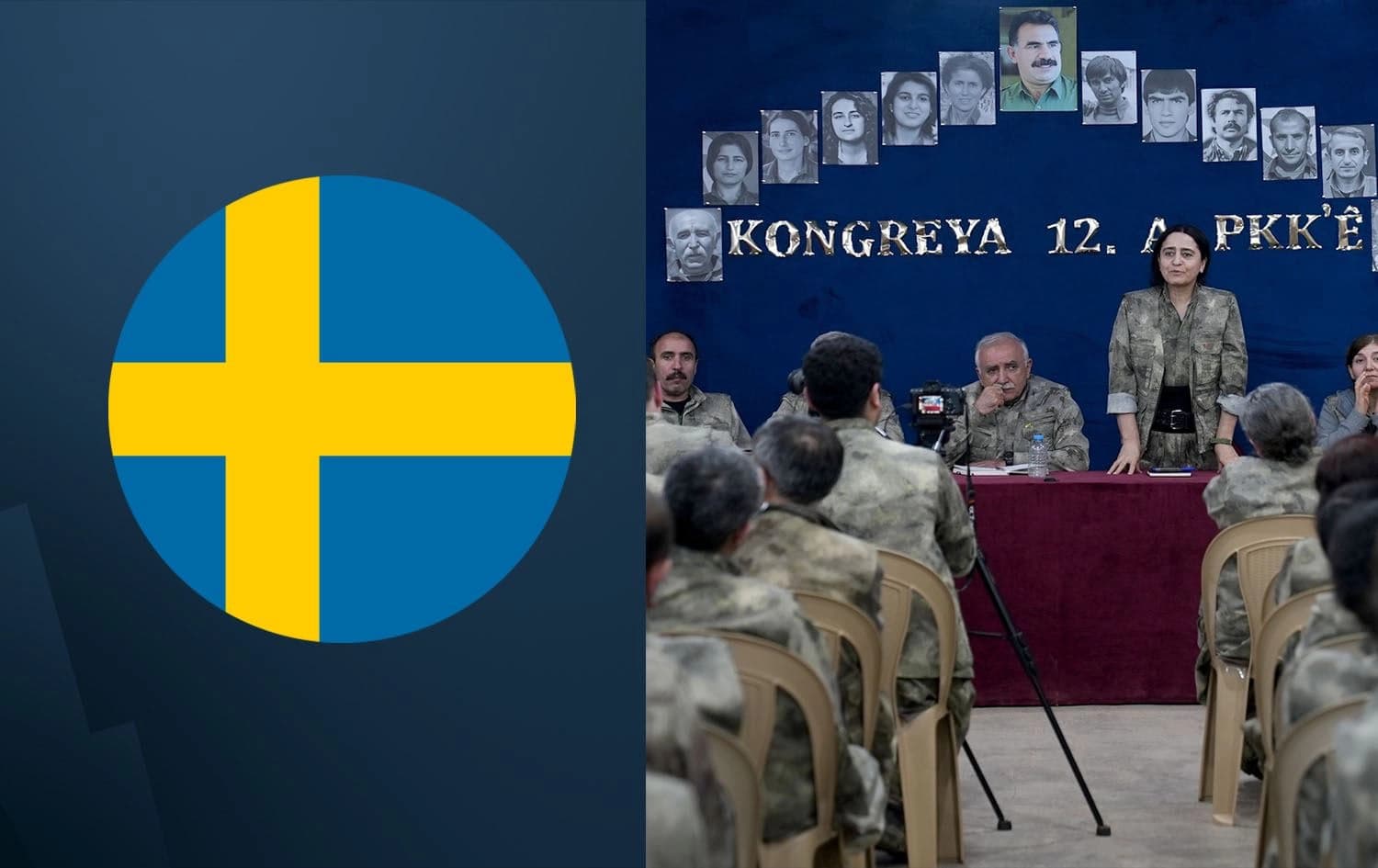 Swedish flag and a picture of the Kurdistan Workers' Party (PKK) Congress in May, 2025. Graphic: Rudaw 