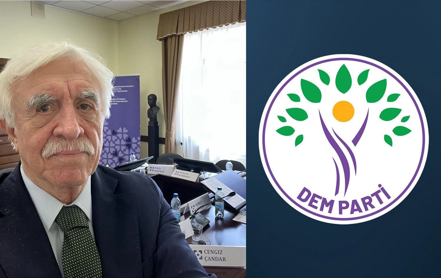 Cengiz Candar and DEM Party logo. Graphic: Rudaw 