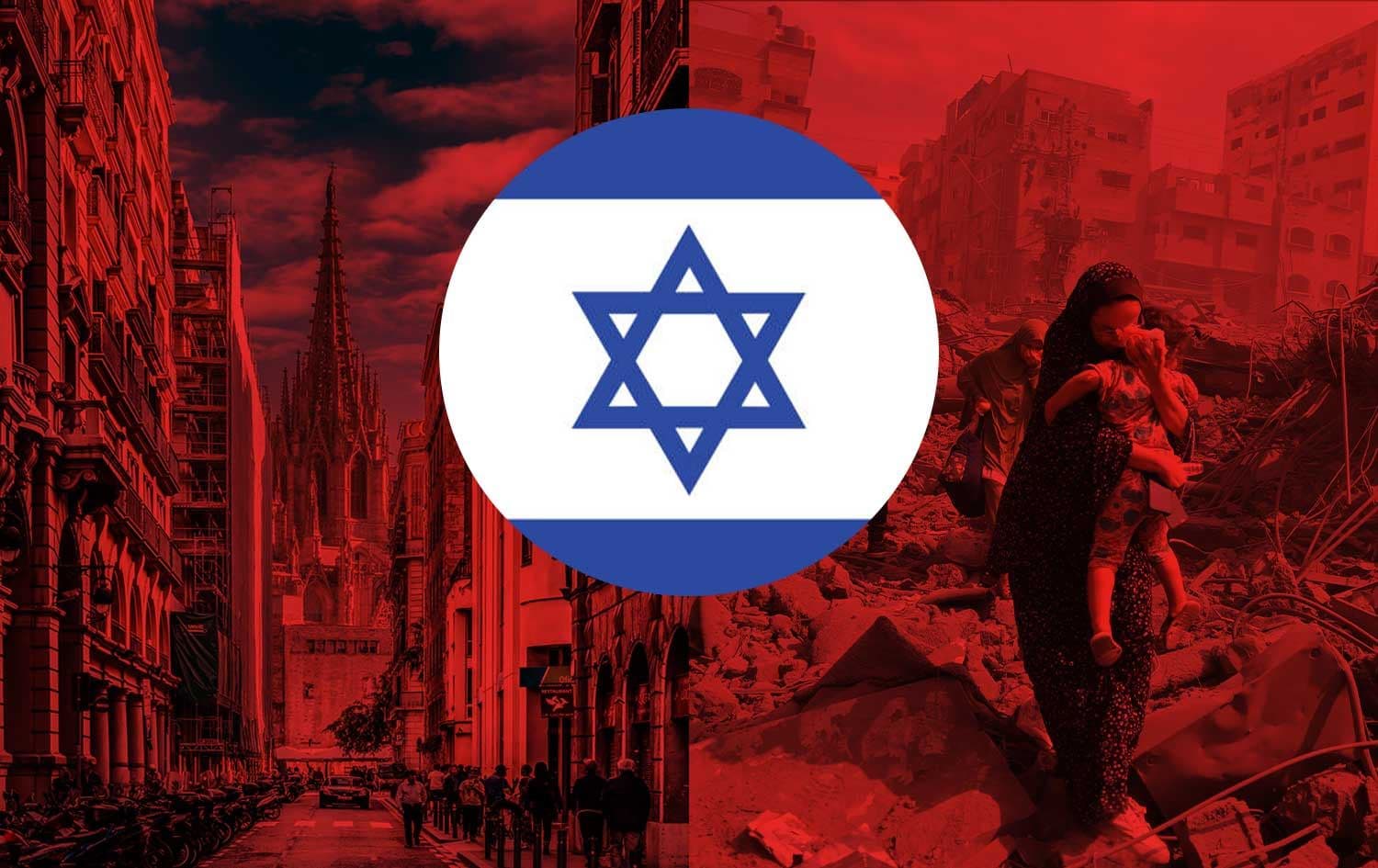 دیمەنی شەقامێکی بارسێلۆنا و باڵەخانەیەکی رووخاو لە غەززە لە پشت ئاڵای ئیسرائیلەوە دەردەکەون