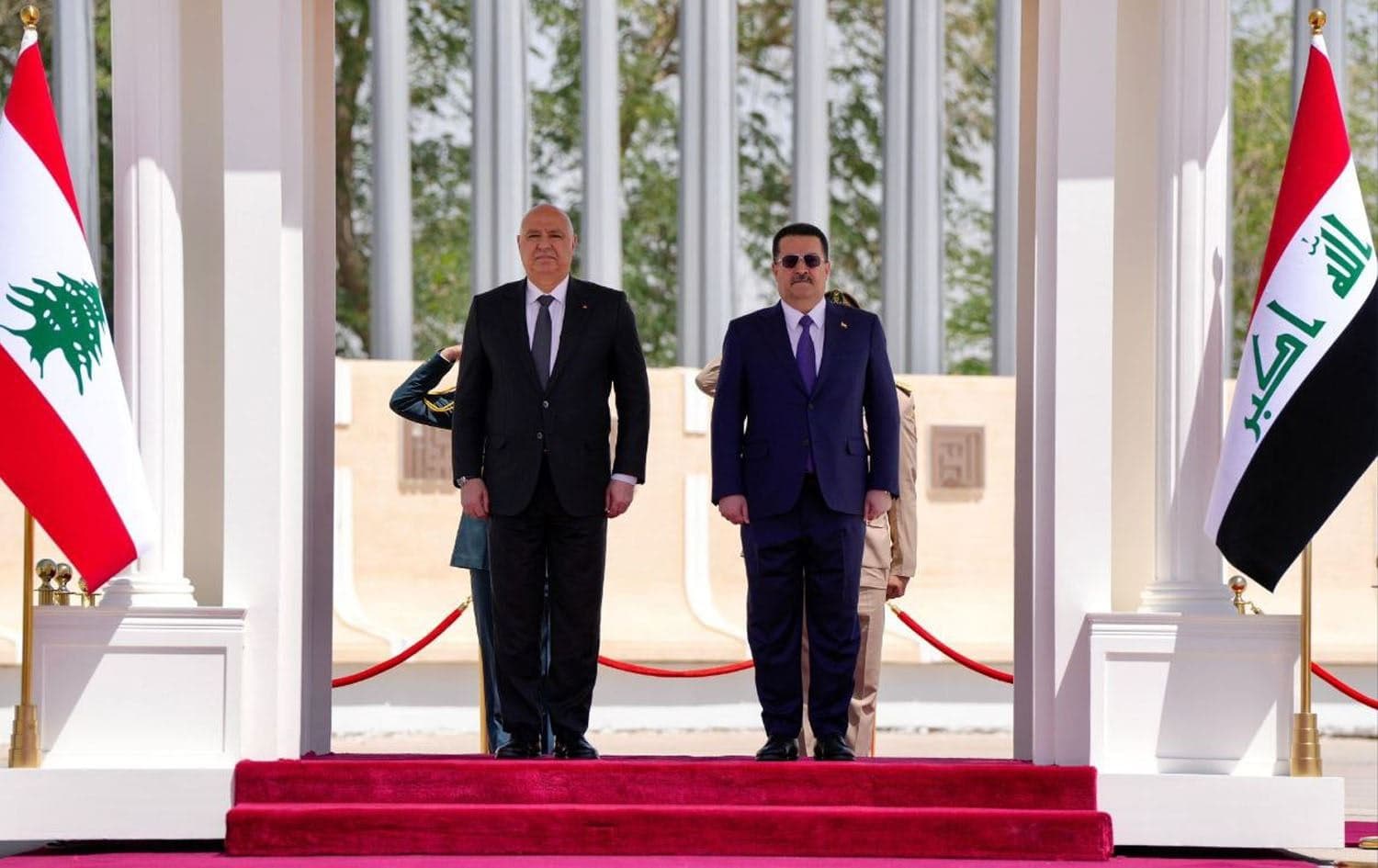 Iraqi Prime Minister Mohammed Shia' al-Sudani (right) hosts an official welcome ceremony for Lebanese President Joseph Aoun (left) in Baghdad on June 1, 2025. Photo: Sudani's office