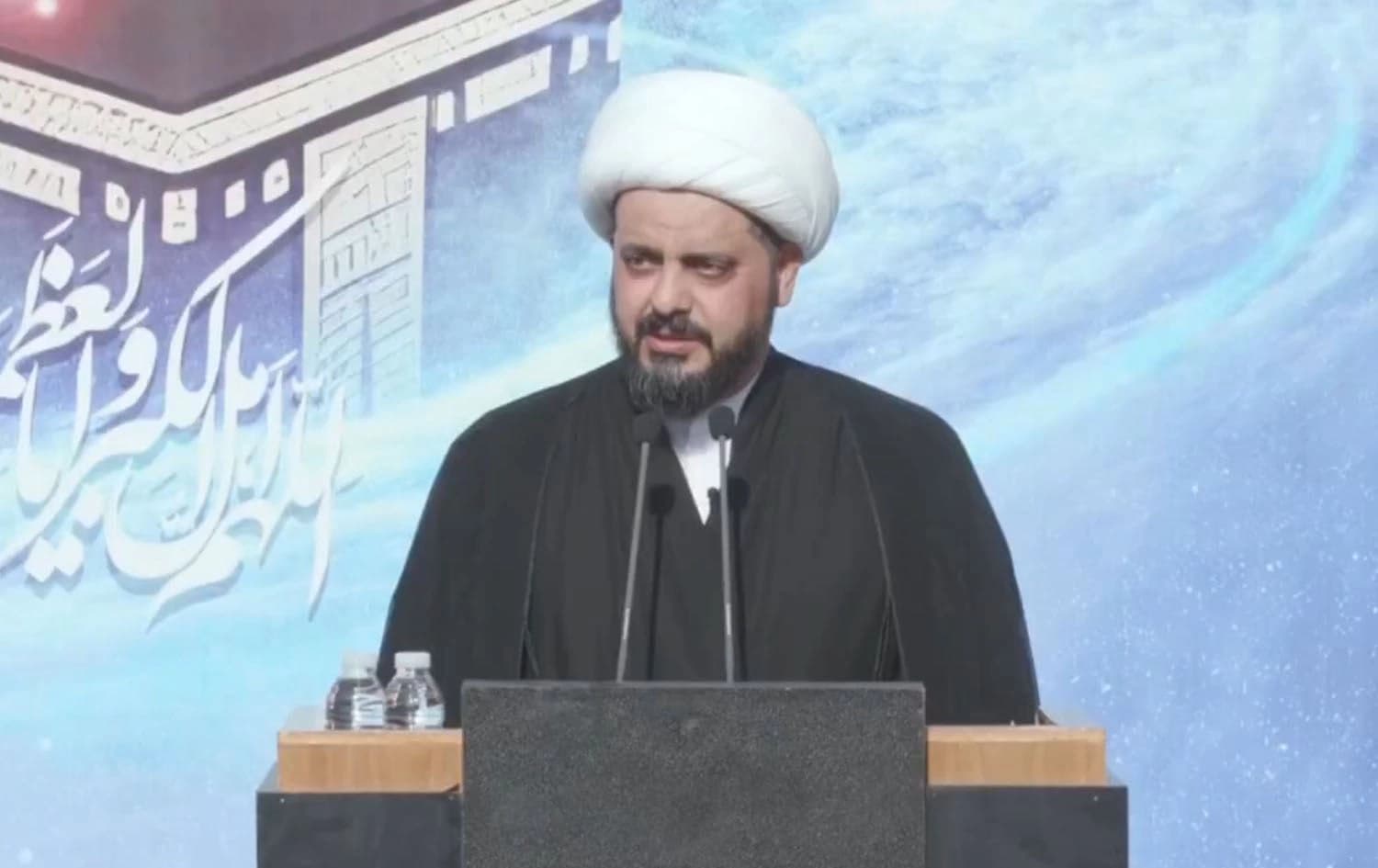 Qais al-Khazali, leader of the Iran-aligned Asaib Ahl al-Haq, giving a speech in Baghad on June 8, 2025. Photo: Qais al-Khazali/X