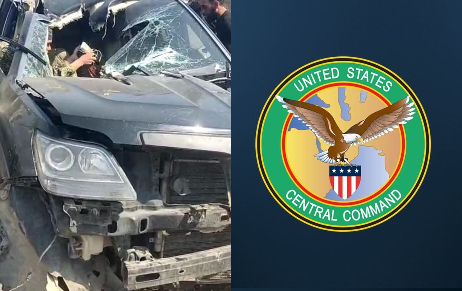 Aftermath of US airstrike in northwest Syria on June 10, 2025 (left) and CENTCOM logo (right). Graphic: Rudaw 