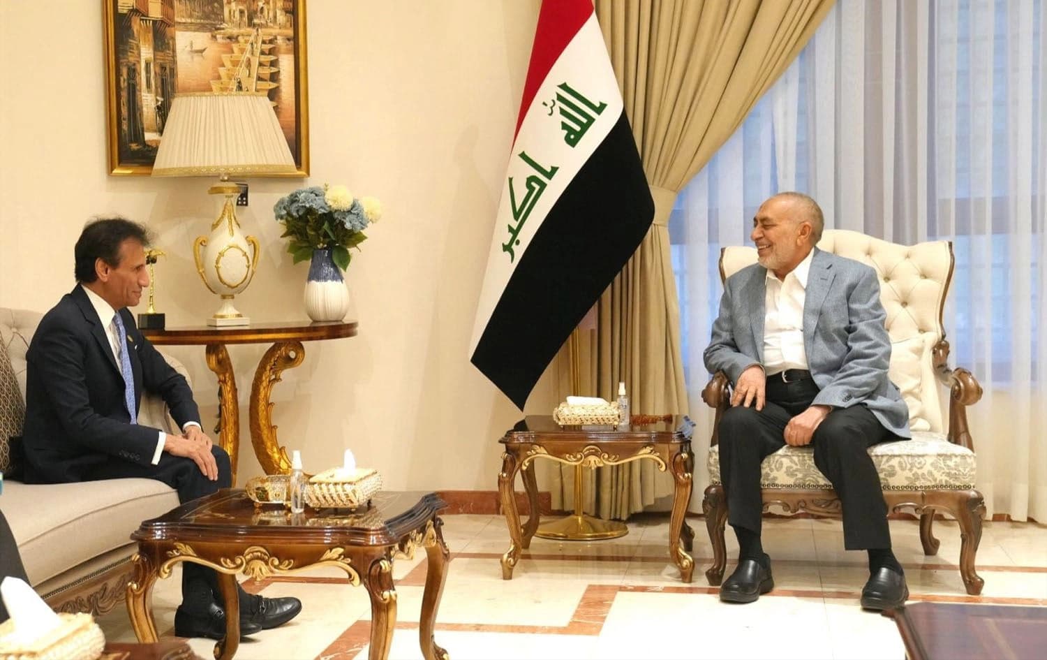 Chief of the United Nations Assistance Mission for Iraq (UNAMI) Mohamed al-Hassan (left) in a meeting with Iraqi parliament speaker Mahmoud al-Mashhadani (right) on June 18, 2025. Photo: UNAMI