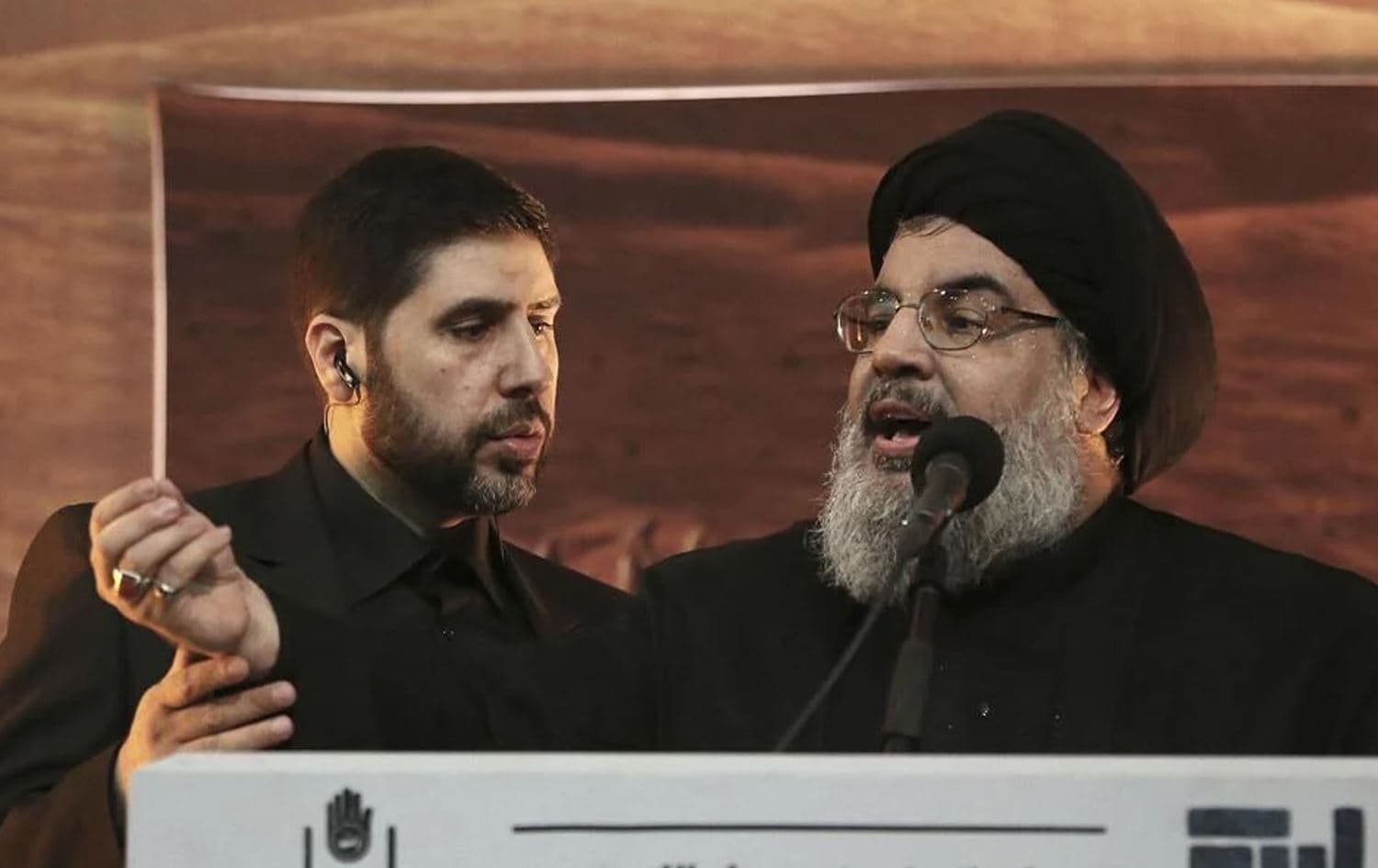 Abu Ali Khalil (left) and late Hezbollah Secretary-General Hassan Nasrallah in Lebanon in 2014. Photo: File/AP