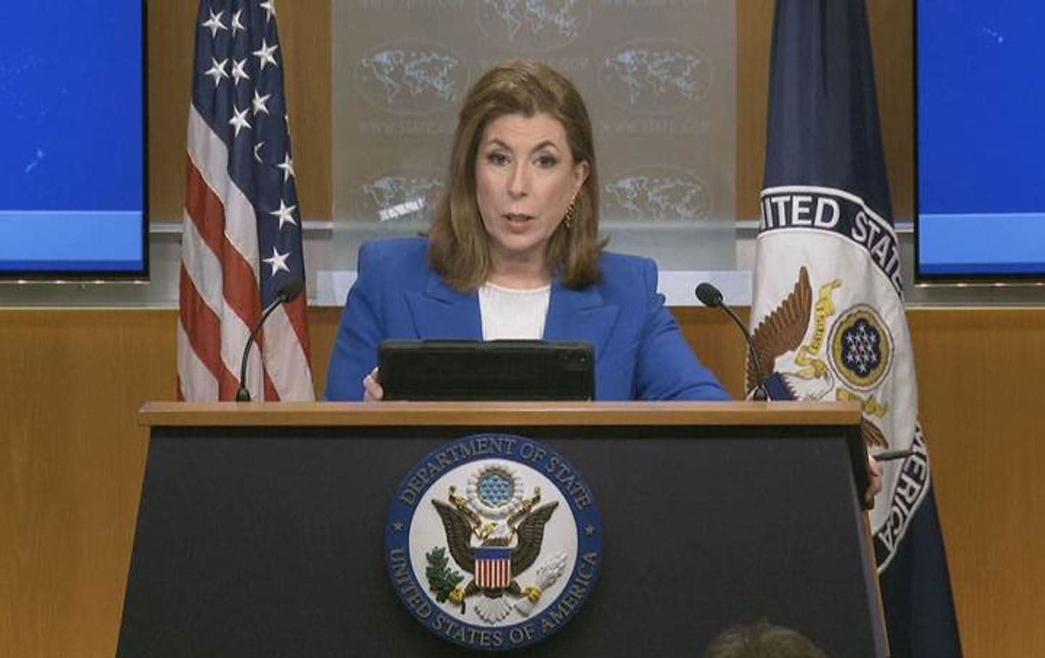 Tammy Bruce, US State Department spokesperson, speaking during a press conference on March 31, 2025. Photo: screengrab/Rudaw