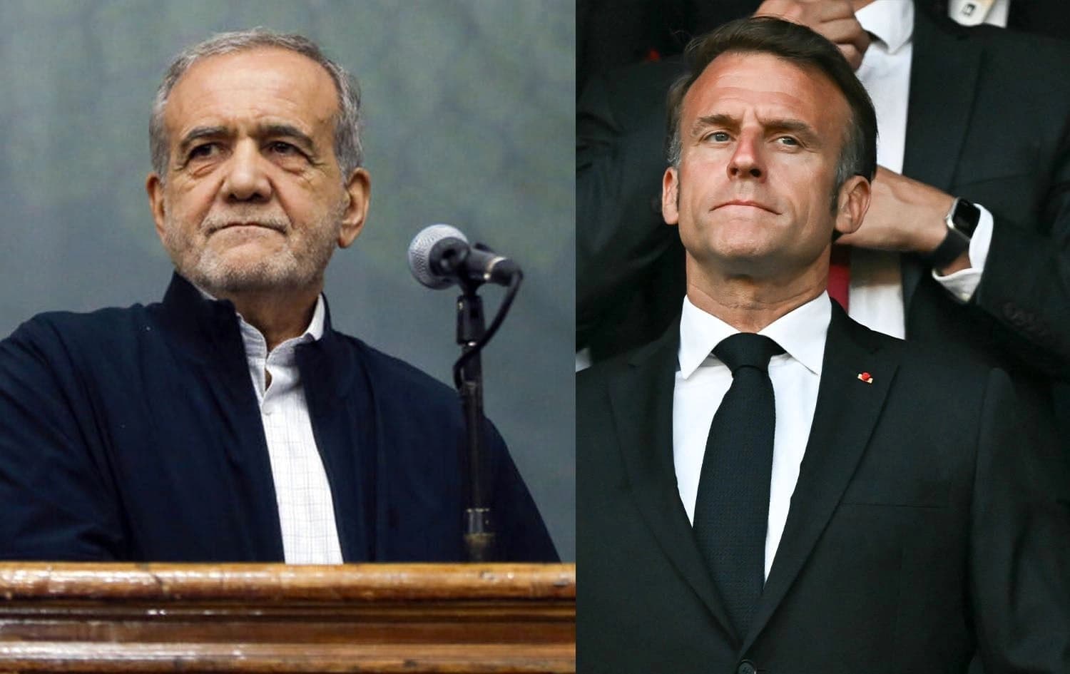 Iranian President Masoud Pezeshkian (left) and French President Emmanuel Macron (right). Graphic: Rudaw 