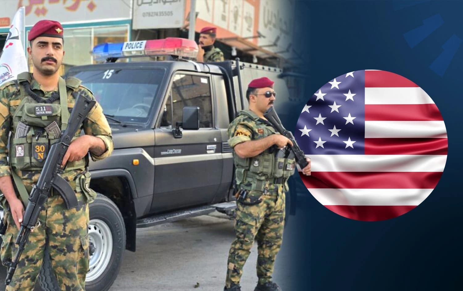 Members of the Popular Mobilization Forces (left) and US flag (right). Graphic: Rudaw 