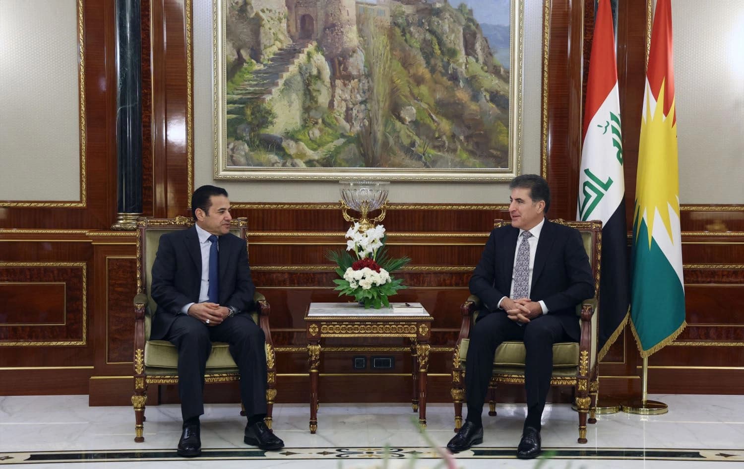 Kurdistan Region President Nechirvan Barzani (right) in a meeting with Iraqi National Security Advisor Qasim al-Araji in Erbil on July 9, 2025. Photo: Kurdistan Region Presidency