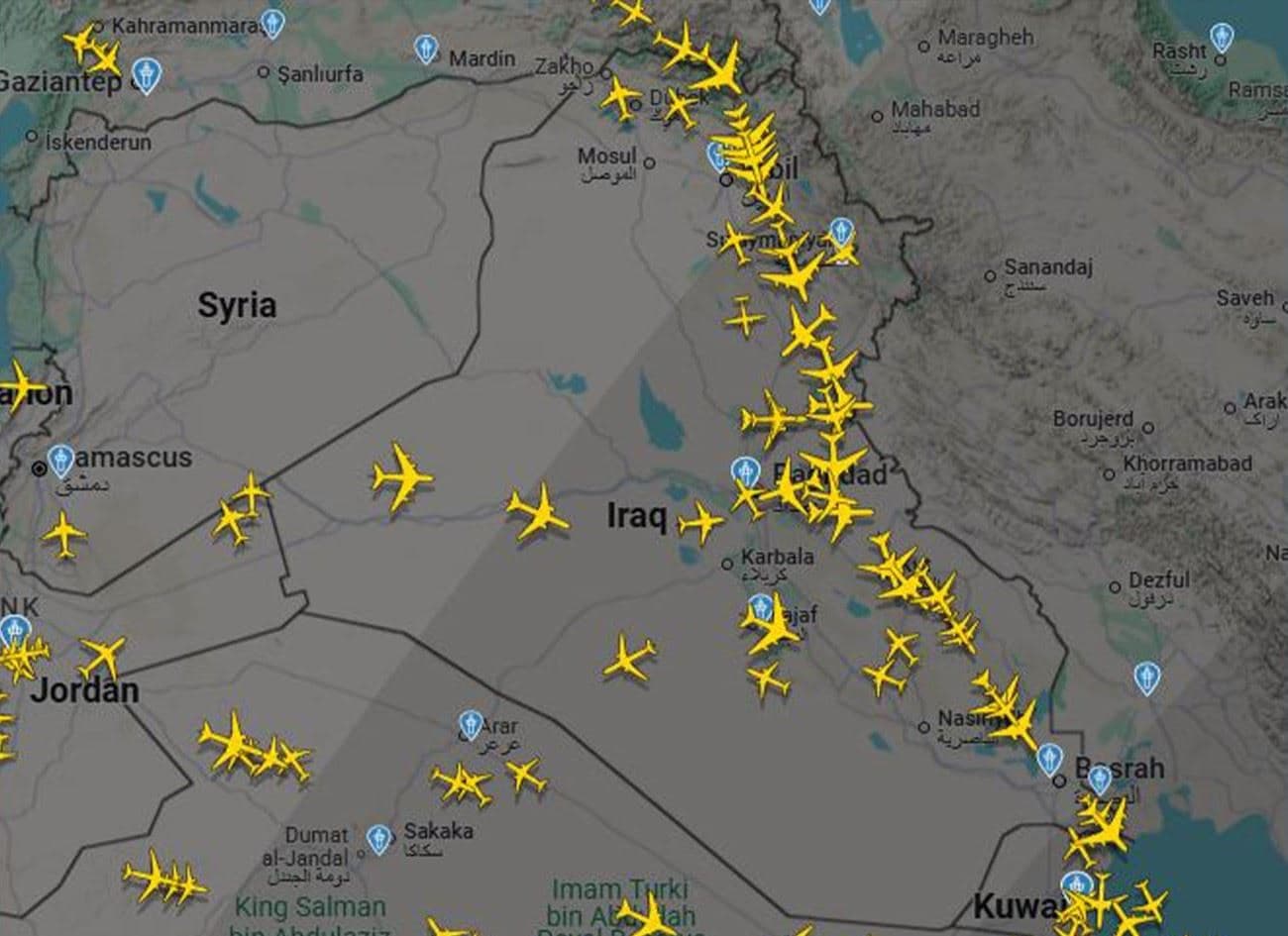 Iraqi airspace on July 9, 2025. Photo: Flightradar24