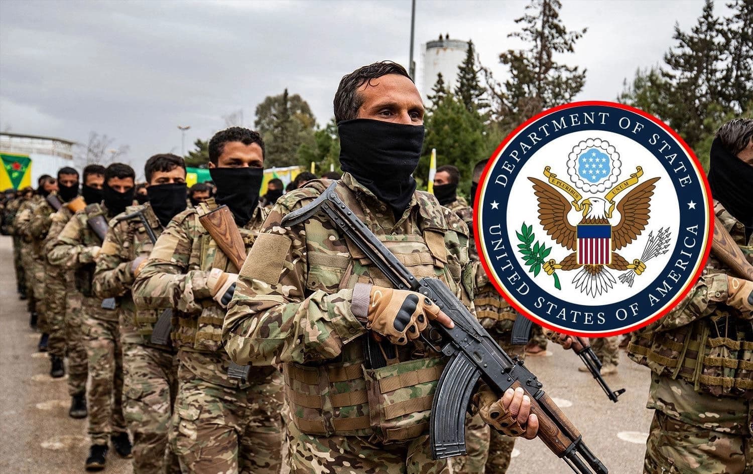 Şervanên HSDyê û logoya Wezareta Karên Derve ya Amerîkayê / Wêne: Rûdaw Grafîk 