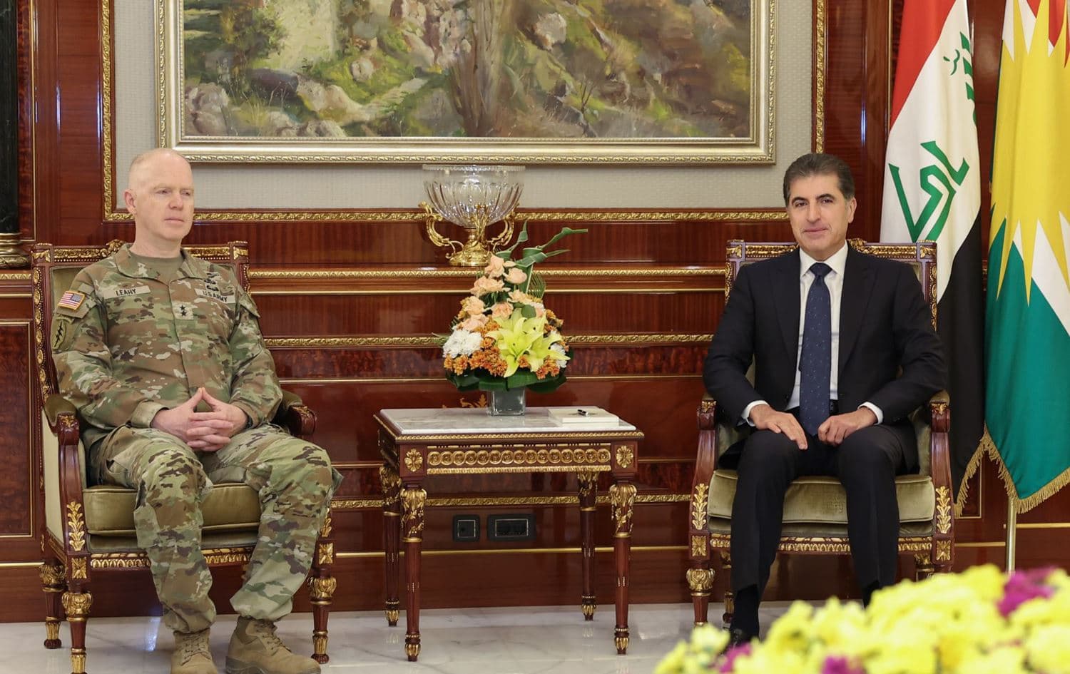 Kurdistan Region President Nechirvan Barzani (Right) during a meeting with Major General Kevin Leahy, commander of the US-led Global Coalition to Defeat the Islamic State (Left) on July 14, 2025. Photo: Kurdistan Region Presidency. 