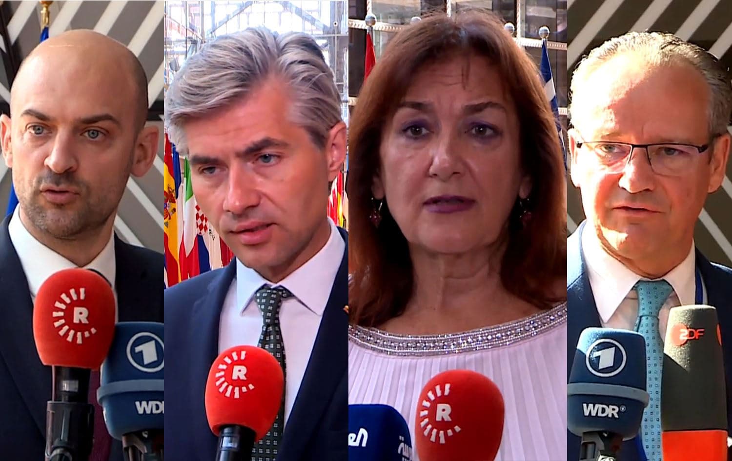 From left to right: French Foreign Minister Jean-Noel Barrot, Lithuanian Foreign Minister Kestutis Budrys, Dubravka Suica, the European Commissioner for Democracy and Demography, Germany’s Minister of State for Europe Gunther Krichbaum speak to Rudaw in Brussels on July 15, 2025. Graphic: Rudaw 
