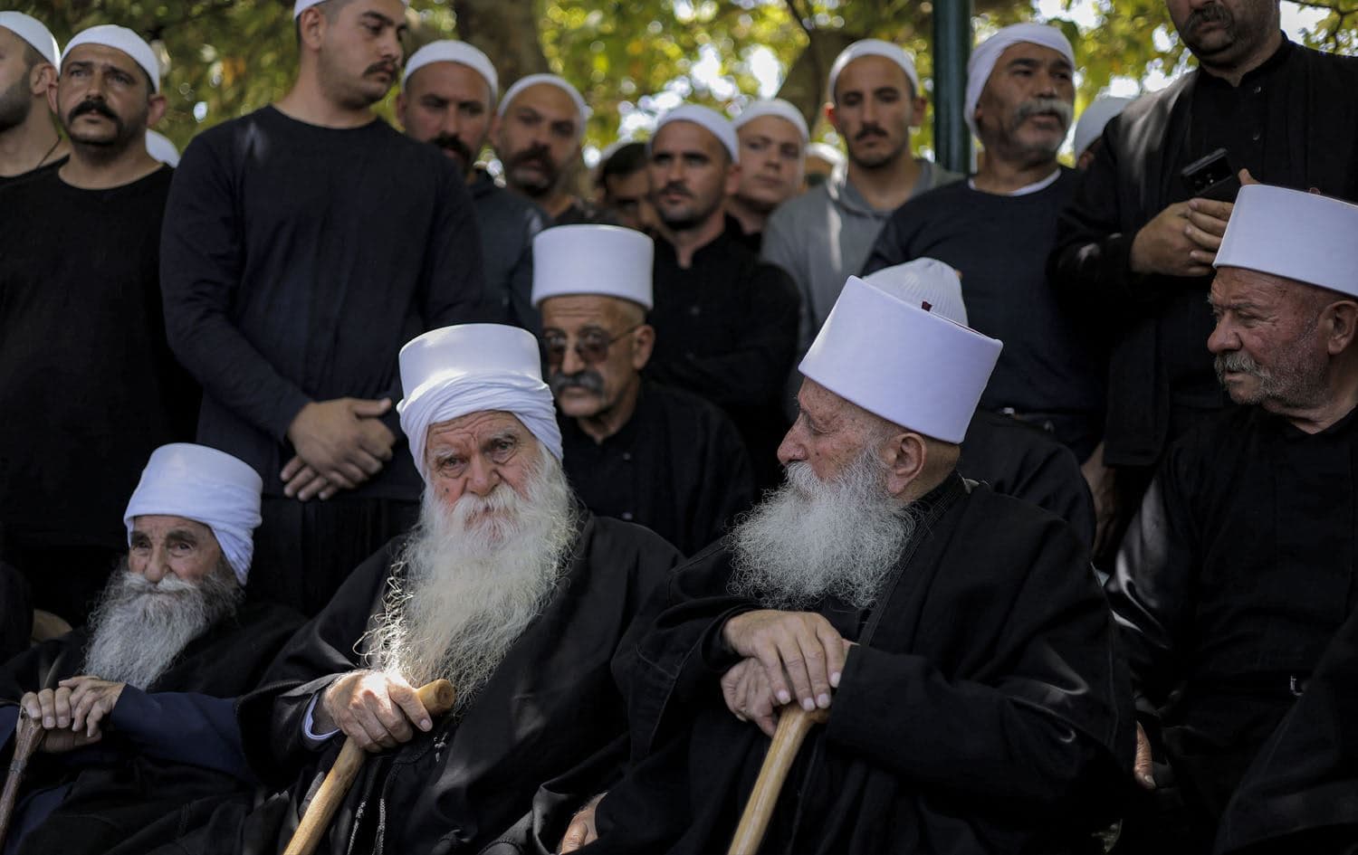 Elders of the Druze community gather during a meeting in the Druze village of Majdal Shams in the Israeli-annexed Golan Heights on July 16, 2025. Photo: AFP