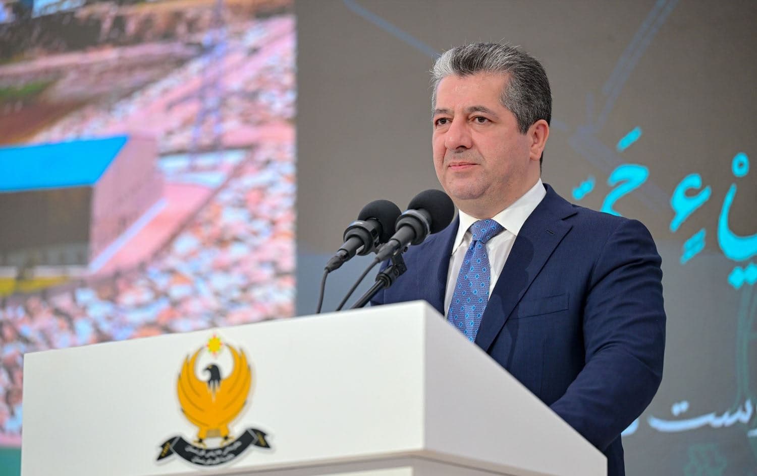 Kurdistan Region Prime Minister Masrour Barzani giving a speech in Erbil on July 20, 2025. Photo: KRG