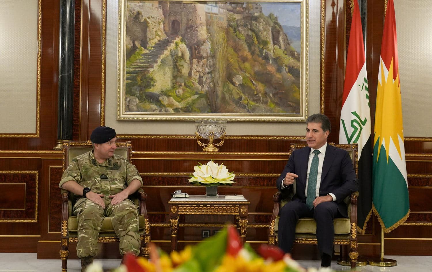 Kurdistan Region President Nechirvan Barzani (right) meets UK Defence Senior Advisor to the Middle East and North Africa, Vice Admiral Edward Ahlgren (left) in Erbil on July 30, 2025. Photo: Kurdistan Region Presidency