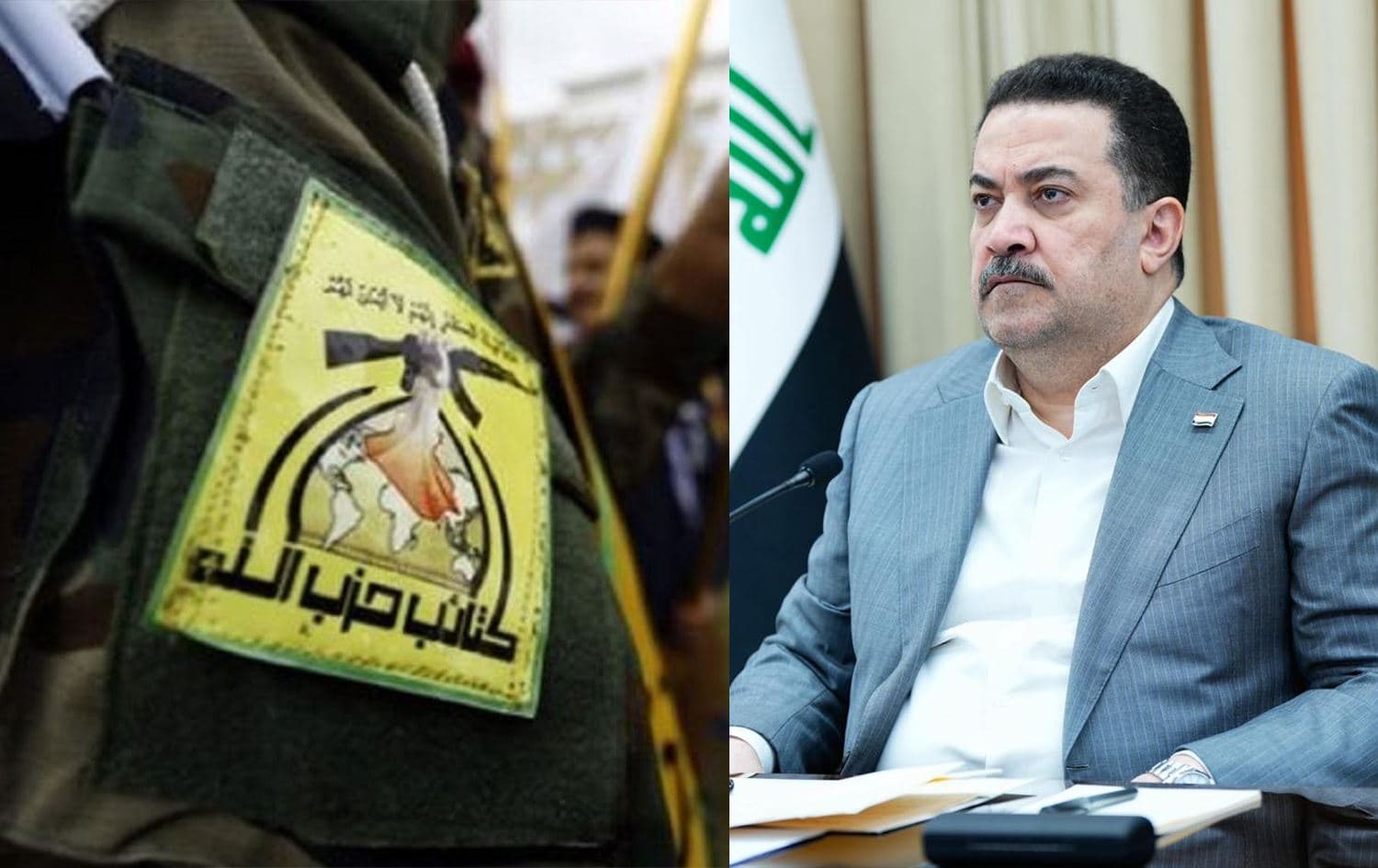 Kataib Hezbollah emblem on the arm of one of its fighters (left) and file photo of Iraqi PM Mohammed Shia' al-Sudani (right). Graphic: Rudaw