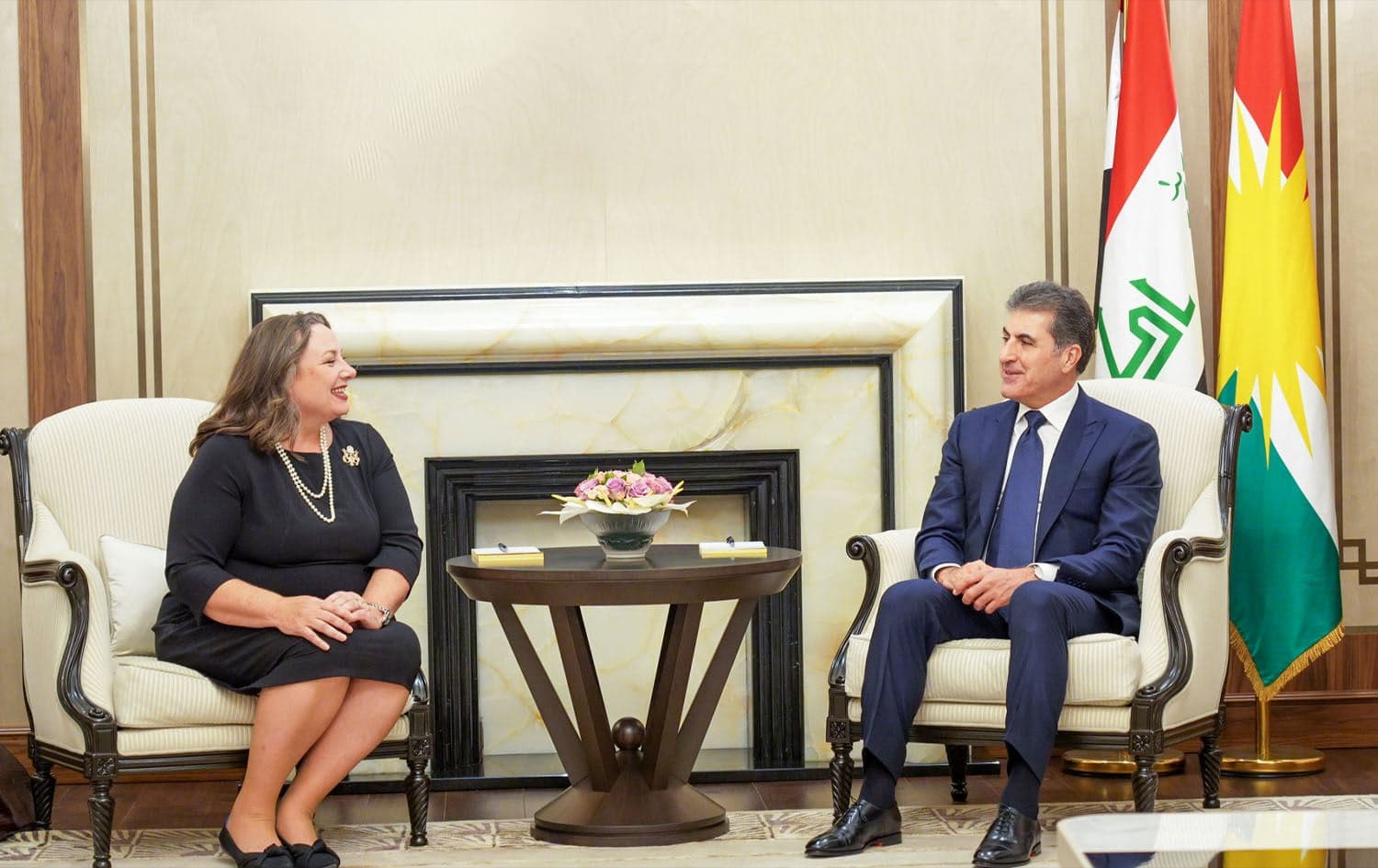 Kurdistan Region President Nechirvan Barzani (right) meets Gwendolyn Green the new US Consul General (left) in Erbil on August 10, 2025. Photo: Kurdistan Region Presidency