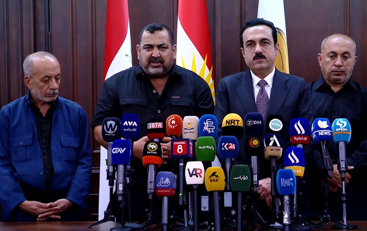 Adnan Ibrahim, father of shooting victim (center-left) holds press conference with Erbil Governor Omed Khoshnaw (center-right) on August 11, 2025. Photo: Rudaw/Screengrab