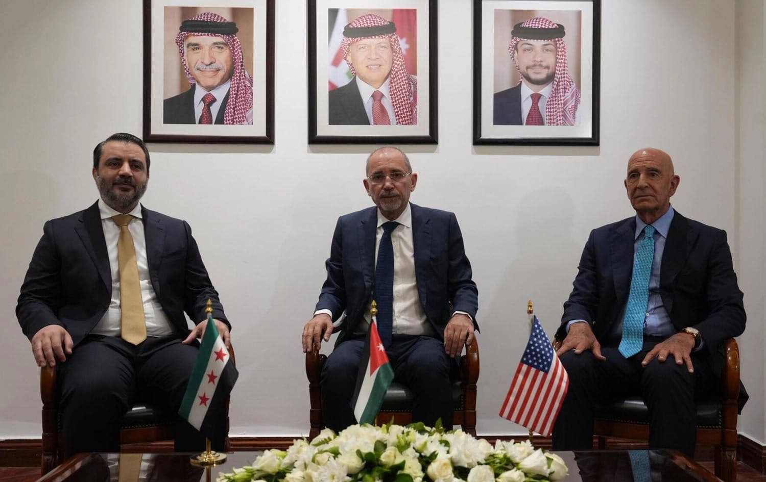 From left: Syrian Foreign Minister Asaad al-Shaibani, Jordanian Foreign Minister Ayman Safadi, and US Special Envoy for Syria Tom Barrack in a meeting in Amman on August 12, 2025. Photo: US Embassy Syria/X