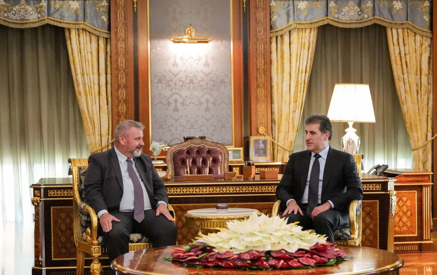 Kurdistan Region President Nechirvan Barzani (right) receives outgoing EU Ambassador to Iraq Thomas Seiler (left) in Erbil on August 24, 2025. Photo: Kurdistan Region Presidency