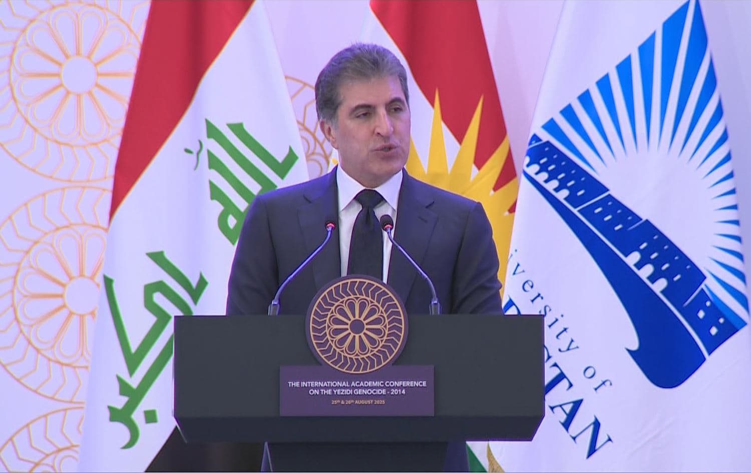 Kurdistan Region President Nechirvan Barzani speaking at the International Academic Conference on the 2014 Yazidi Genocide in Erbil on August 25, 2025. Photo: Rudaw
