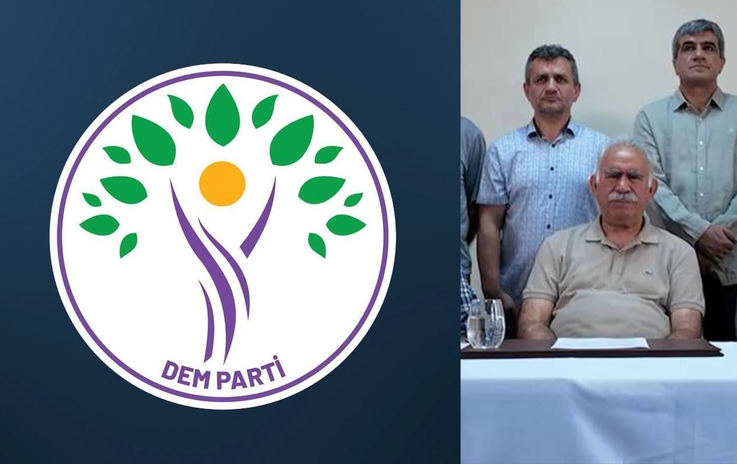 DEM Party logo (left) and jailed PKK leader Abdullah Ocalan and his colleagues from Turkey's Imrali prison. Graphic: Rudaw 