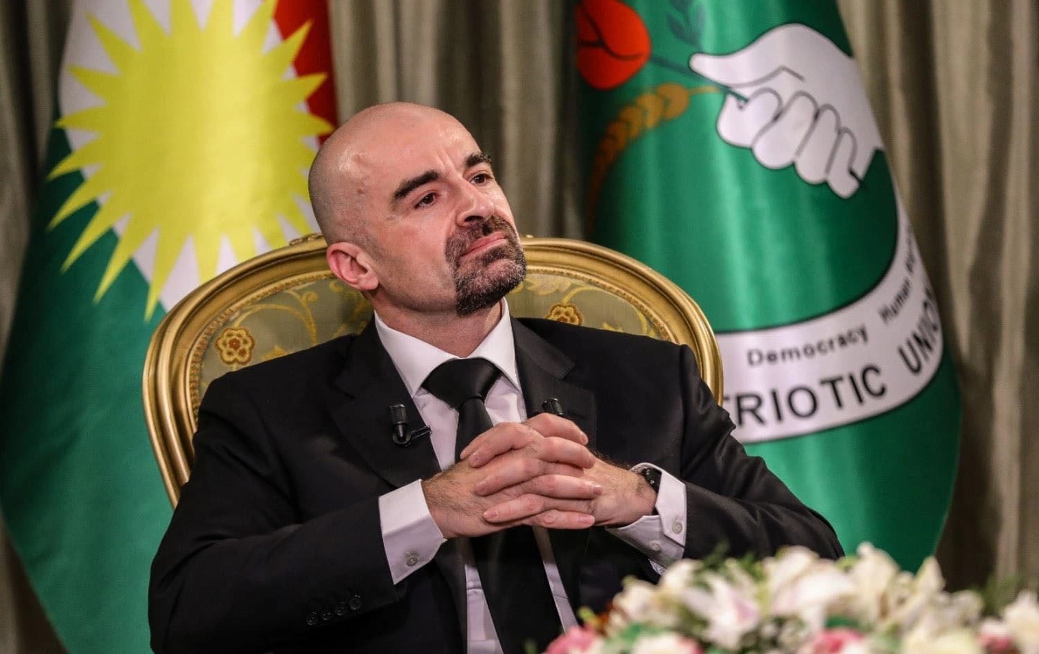 Patriotic Union of Kurdistan (PUK) leader Bafel Talabani speaks to Kurdish media outlets during a televised interview aired on September 3, 2021. Photo: Handout