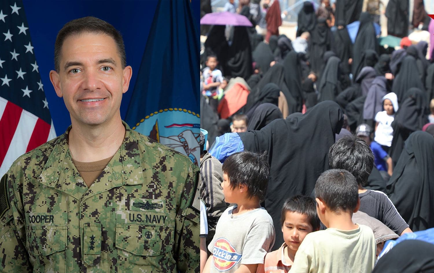 CENTCOM commander Admiral Brad Cooper (left) and al-Hol camp in Rojava (right). Graphic: Rudaw 