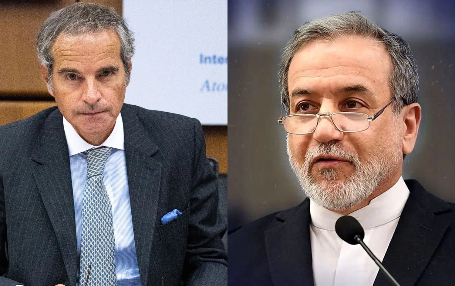 Foreign Minister Abbas Araghchi (right) and the International Atomic Energy Agency (IAEA) chief Rafael Grossi (left). Photos: IRNA and AFP. Graphic: Rudaw